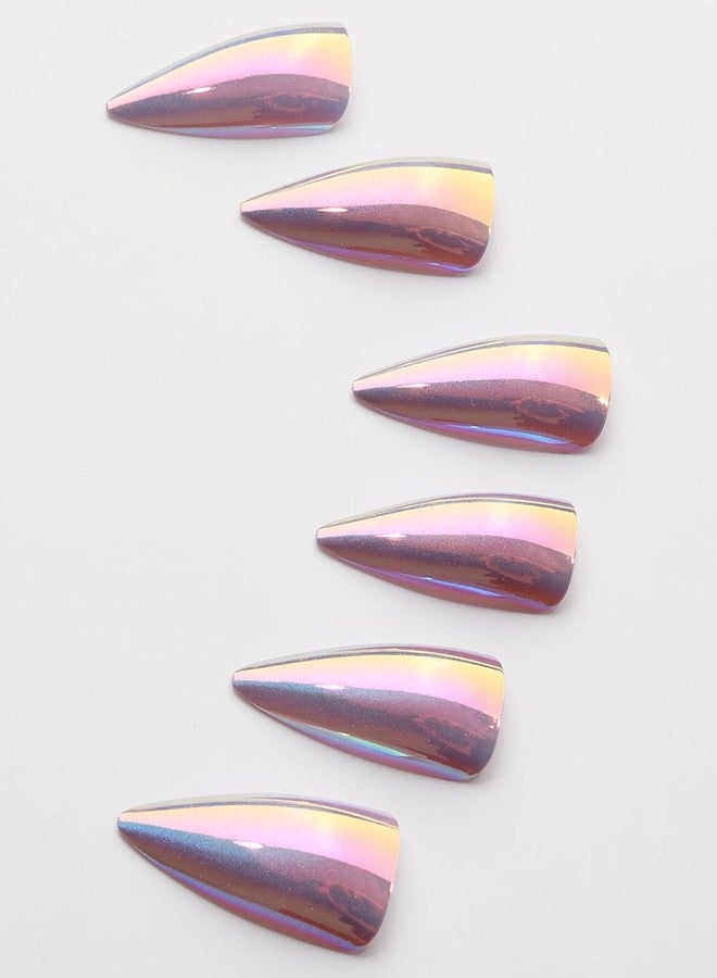 MISUD Press on Nails - Long Stiletto Fake Nails with Purple Chrome, Acrylic Bling Cat Eye Design 24 pcs - Image 2